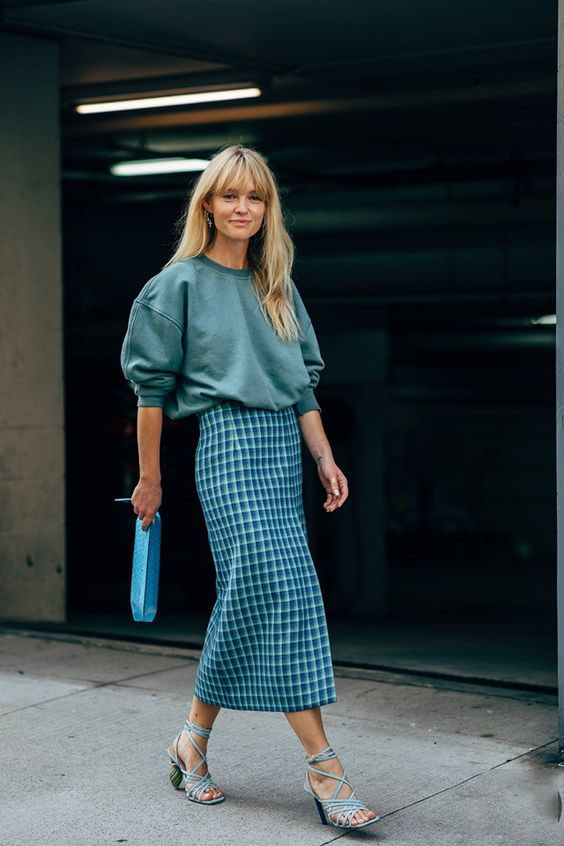 Teal Sweater and Plaid Skirt 